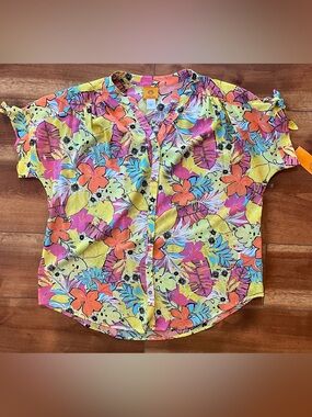 Ruby Rd. Yellow Tropical Floral Button-Up Top